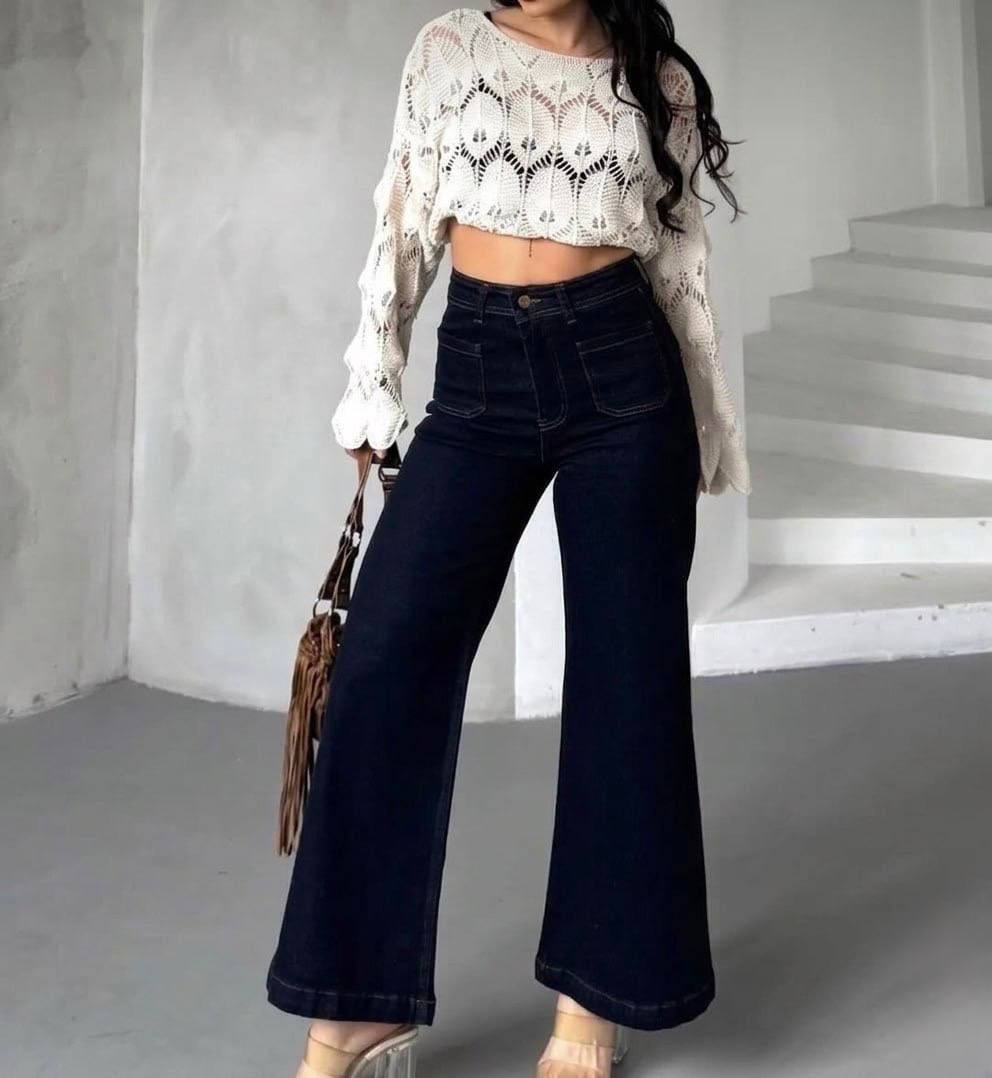 Yüksek Bel Lacivert Wide Leg Jean - Görsel 2