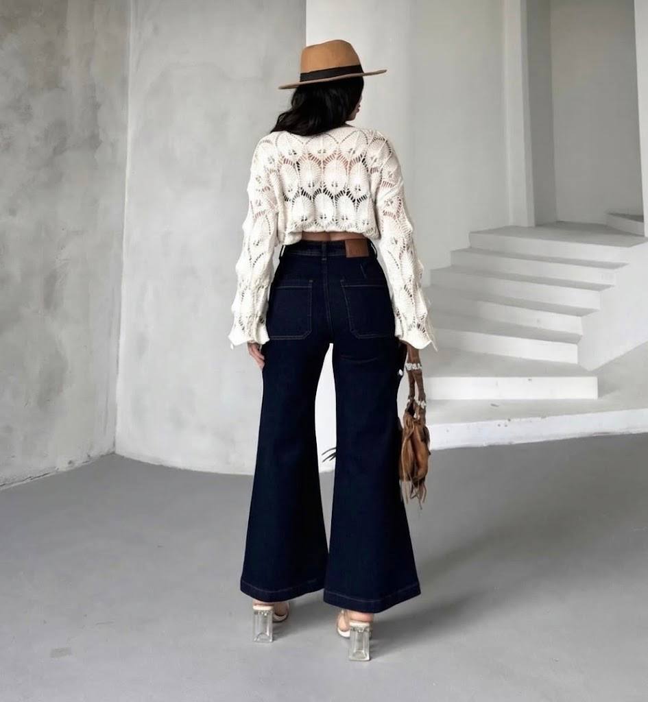 Yüksek Bel Lacivert Wide Leg Jean - Görsel 3