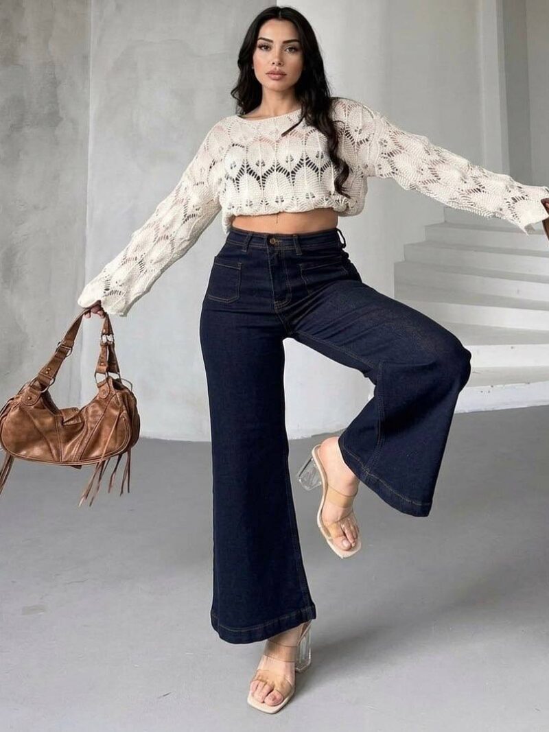 Yüksek Bel Lacivert Wide Leg Jean