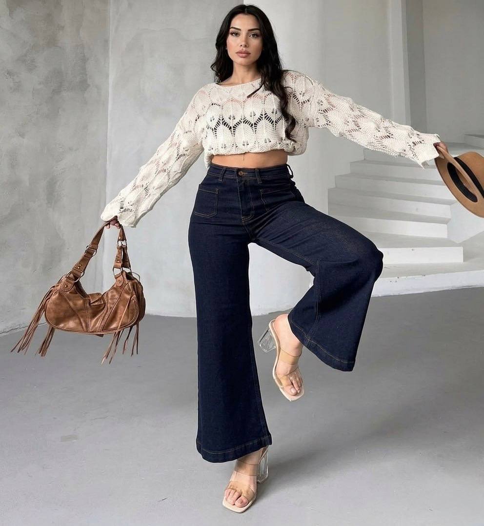 Yüksek Bel Lacivert Wide Leg Jean